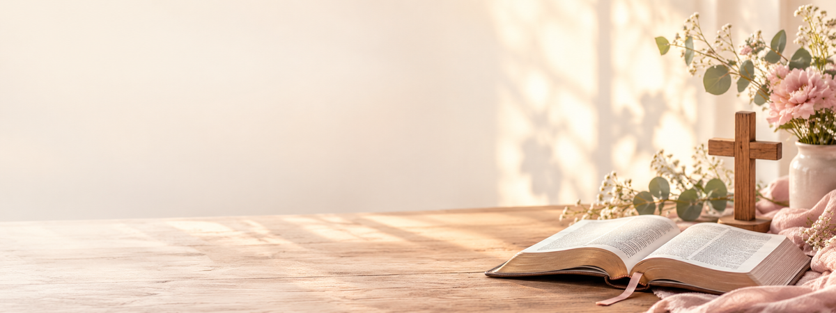 An open Bible, wooden cross and blush flowers in warm morning sunlight.