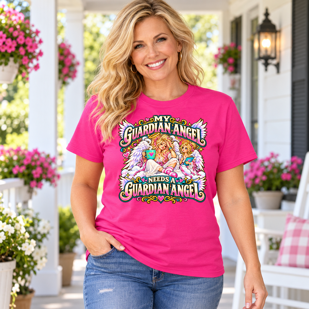 Woman wearing the pink guardian angel tee on a house porch; styled lifestyle illustration.