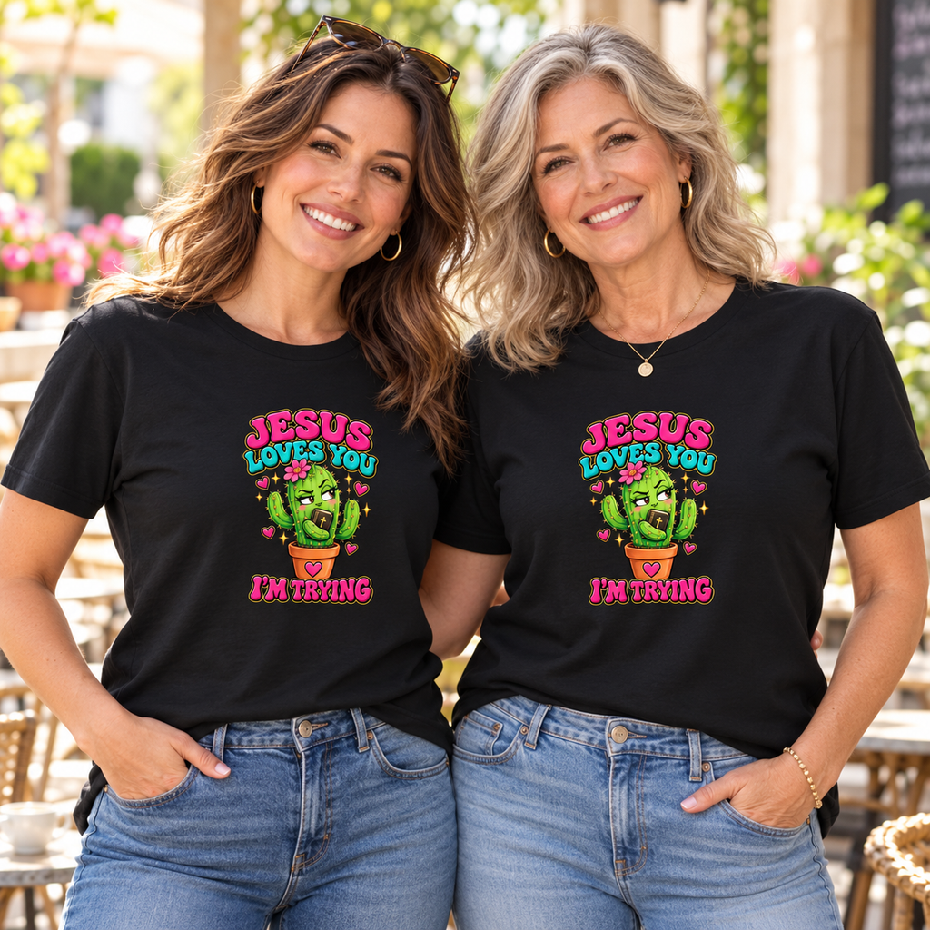 Lifestyle mockup of Jesus Loves You I’m Trying Cactus Unisex T-Shirt