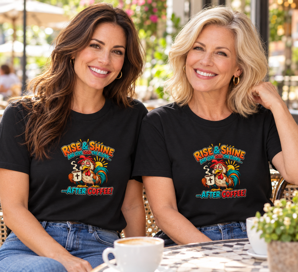 Two women wearing the Rise & Shine, After Coffee Unisex T-Shirt in a pretty outdoor setting